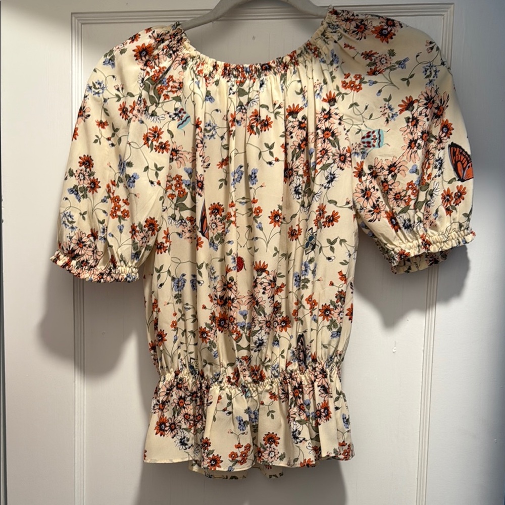 Maje EUC Floral Cream Short Sleeve Gathered Waist Blouse